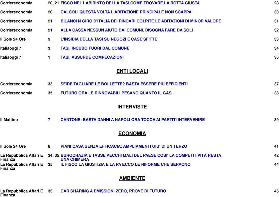 SFITTE 33 Italiaoggi 7 3 TASI, INCUBO FUORI DAL COMUNE 34 Italiaoggi 7 1 TASI, ASSURDE COMPECAZIONI 36 ENTI LOCALI Corriereconomia 33 SFIDE TAGLIARE LE BOLLETTE?