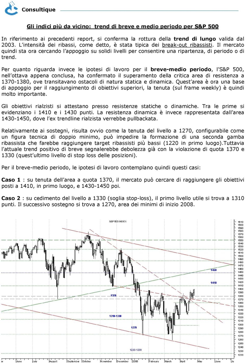 Per quanto riguarda invece le ipotesi di lavoro per il breve-medio periodo, l S&P 500, nell ottava appena conclusa, ha confermato il superamento della critica area di a 1370-1380, ove transitavano