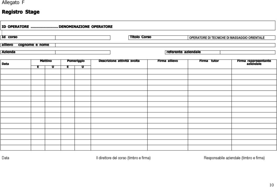 referente aziendale Data Mattino Pomeriggio E U E U Descrizione attività svolta Firma allievo