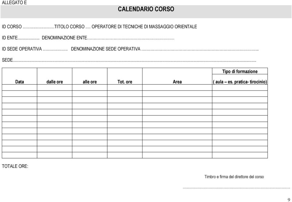 .. DENOMINAZIONE ENTE ID SEDE OPERATIVA. DENOMINAZIONE SEDE OPERATIVA.. SEDE... Tipo di formazione Data dalle ore alle ore Tot.