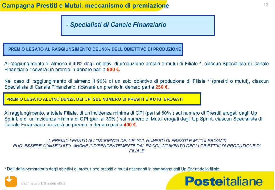 Nel caso di raggiungimento di almeno il 90% di un solo obiettivo di produzione di Filiale * (prestiti o mutui), ciascun Specialista di Canale Finanziario, riceverà un premio in denaro pari a 250.