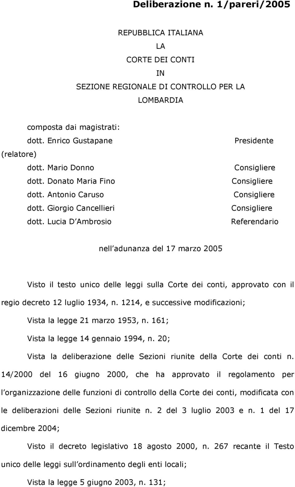 Lucia D Ambrosio Presidente Referendario nell adunanza del 17 marzo 2005 Visto il testo unico delle leggi sulla Corte dei conti, approvato con il regio decreto 12 luglio 1934, n.