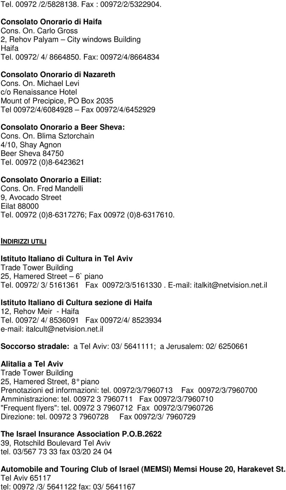 On. Blima Sztorchain 4/10, Shay Agnon Beer Sheva 84750 Tel. 00972 (0)8-6423621 Consolato Onorario a Eiliat: Cons. On. Fred Mandelli 9, Avocado Street Eilat 88000 Tel.