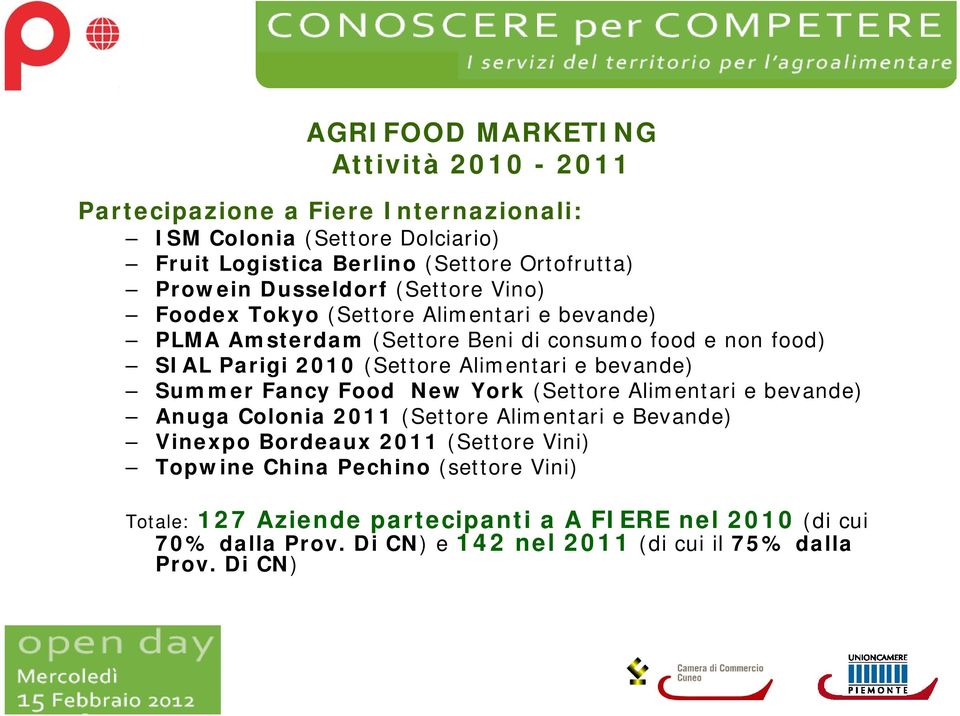 bevande) Summer Fancy Food New York (Settore Alimentari e bevande) Anuga Colonia 2011 (Settore Alimentari e Bevande) Vinexpo Bordeaux 2011 (Settore Vini)