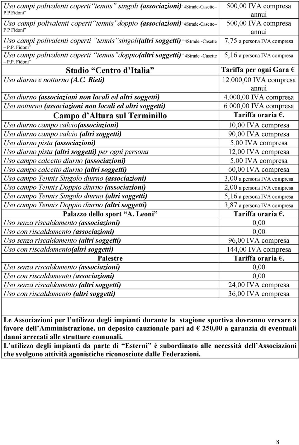 P. Fidoni Uso campi polivalenti coperti tennis doppio(altri soggetti) 4Strade -Casette P.P. Fidoni 5,16 a persona IVA compresa Stadio Centro d Italia Tariffa per ogni Gara Uso diurno e notturno (A.C. Rieti) 12.