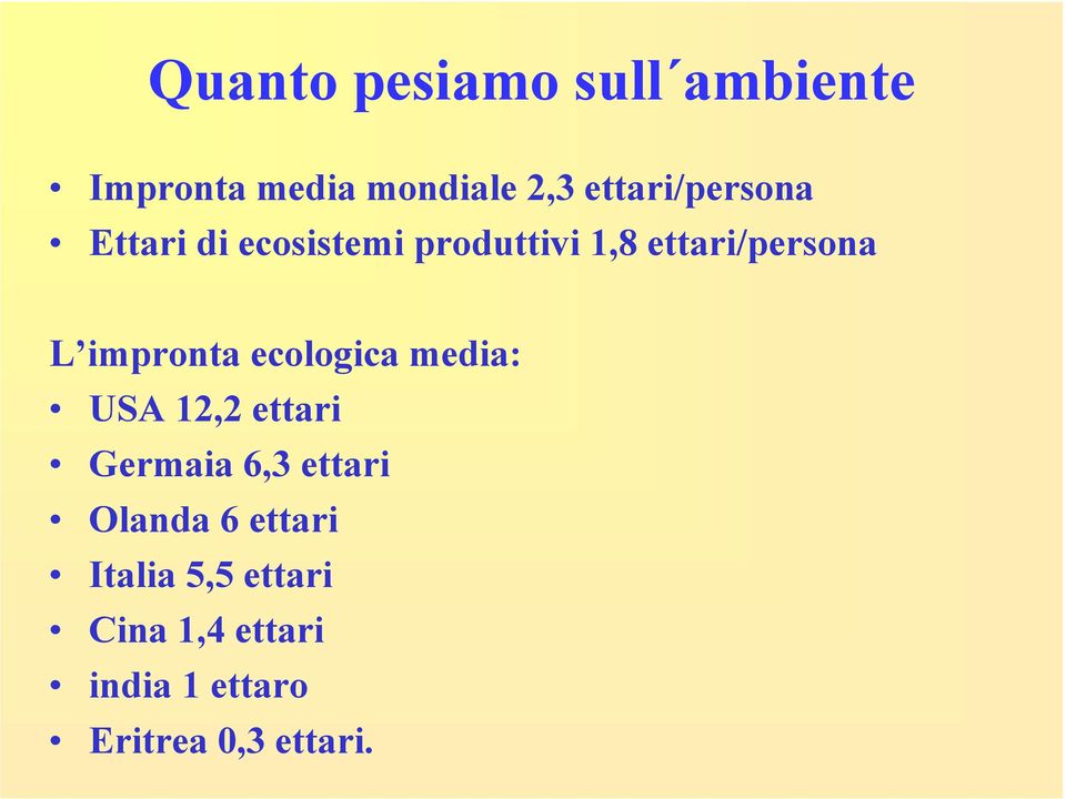 impronta ecologica media: USA 12,2 ettari Germaia 6,3 ettari Olanda