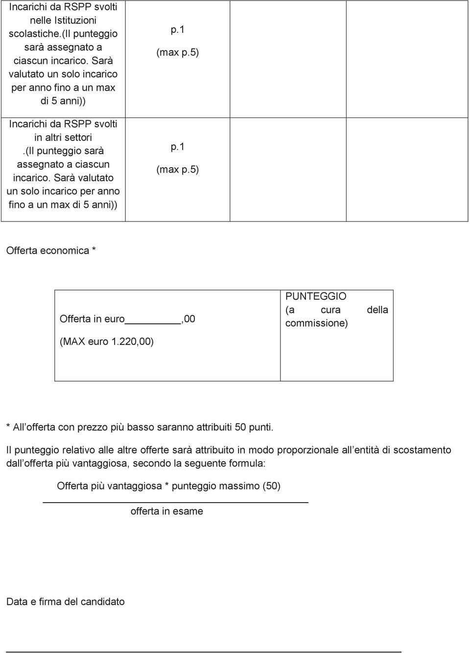 Sarà valutato un solo incarico per anno fino a un max di 5 anni)) p.1 (max p.5) p.1 (max p.5) Offerta economica * Offerta in euro,00 (MAX euro 1.