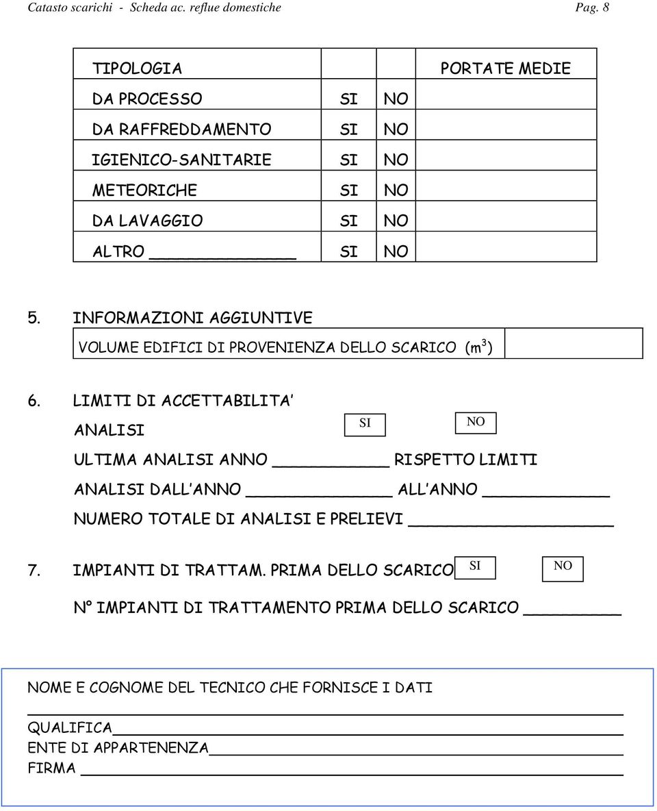 INFORMAZIONI AGGIUNTIVE VOLUME EDIFICI DI PROVENIENZA DELLO SCARICO (m 3 ) 6.