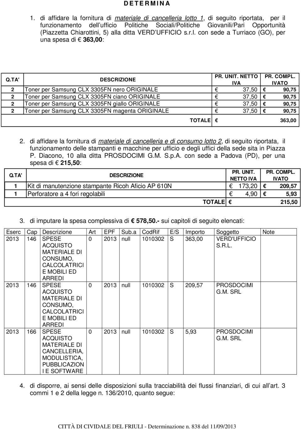 alla ditta VERD UFFICIO s.r.l. con sede a Turriaco (GO), per una spesa di 363,00: Q.TA' DESCRIZIONE PR. UNIT. NETTO PR. COMPL.