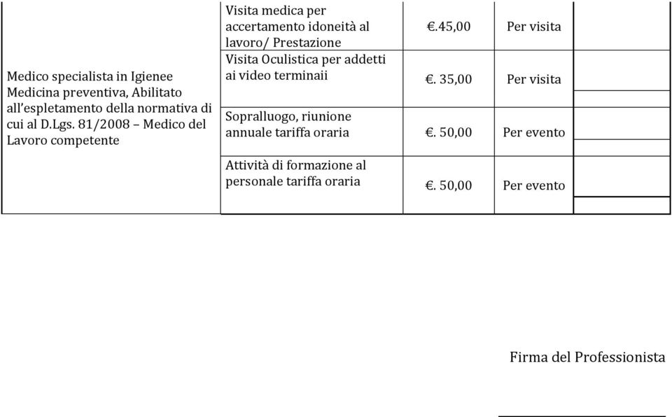 45,00 Per visita lavoro/ Prestazione Visita Oculistica per addetti ai video terminaii.