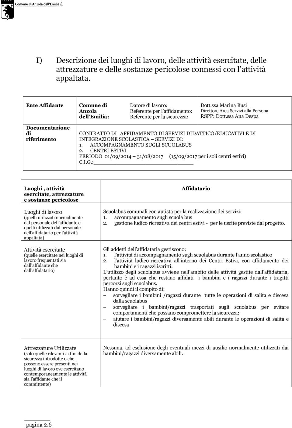 ssa Ana Despa Documentazione di riferimento CONTRATTO DI AFFIDAMENTO DI SERVIZI DIDATTICO/EDUCATIVI E DI INTEGRAZIONE SCOLASTICA SERVIZI DI: 1. ACCOMPAGNAMENTO SUGLI SCUOLABUS 2.