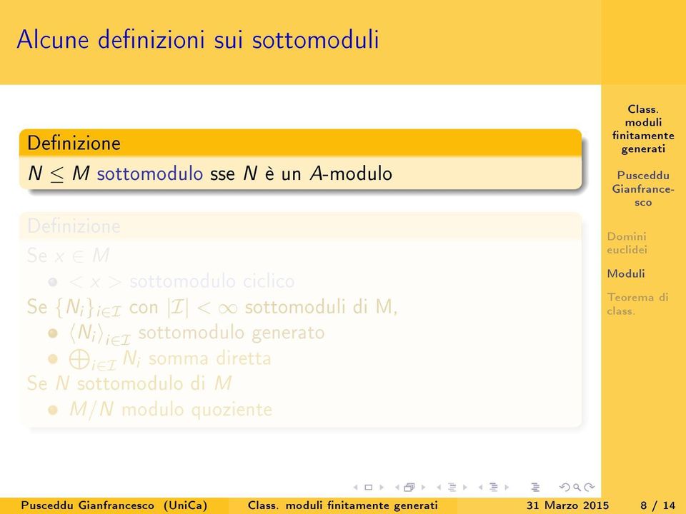 di M, N i i I sottomodulo generato i I N i somma diretta Se N