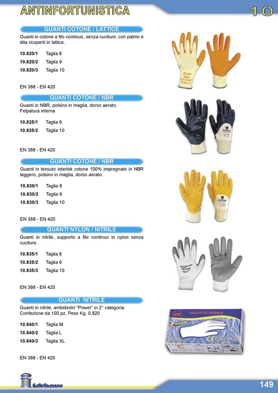 825/2 Taglia 10 GUANTI COTONE / NBR Guanti in tessuto interlok cotone 100% impregnato in NBR leggero, polsino in maglia, dorso aerato. 10.830/1 Taglia 8 10.830/2 Taglia 9 10.