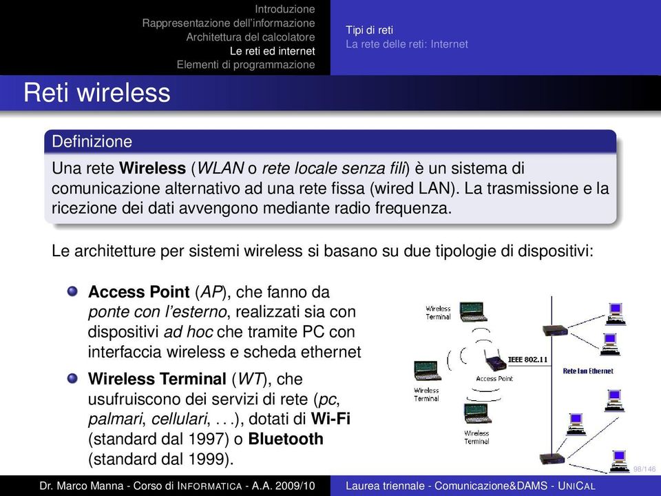 Le architetture per sistemi wireless si basano su due tipologie di dispositivi: Access Point (AP), che fanno da ponte con l esterno, realizzati sia con