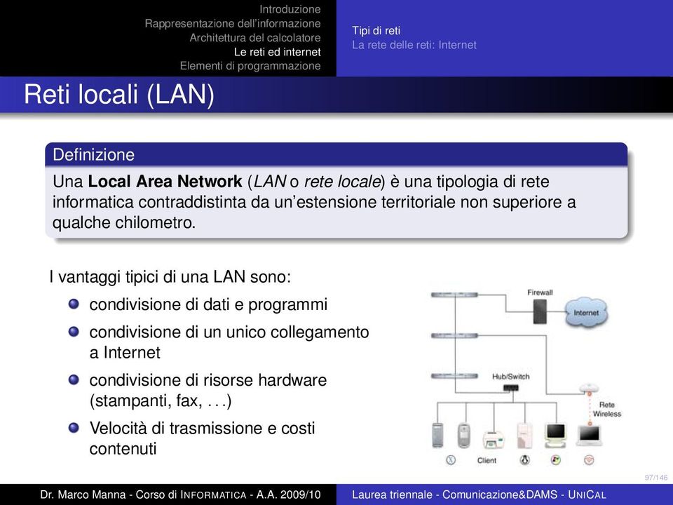 I vantaggi tipici di una LAN sono: condivisione di dati e programmi condivisione di un unico