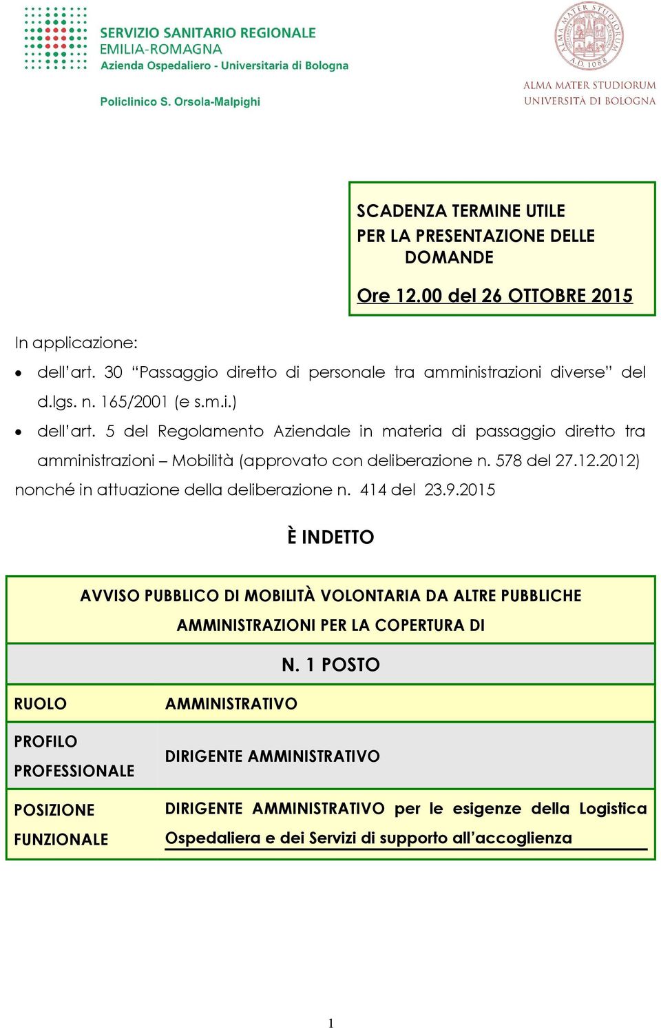 2012) nnché in attuazine della deliberazine n. 414 del 23.9.2015 È INDETTO AVVISO PUBBLICO DI MOBILITÀ VOLONTARIA DA ALTRE PUBBLICHE AMMINISTRAZIONI PER LA COPERTURA DI N.