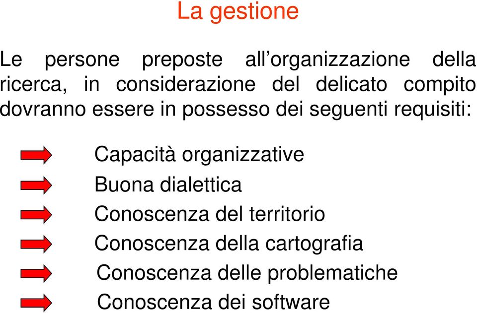 Capacità organizzative Buona dialettica Conoscenza del territorio