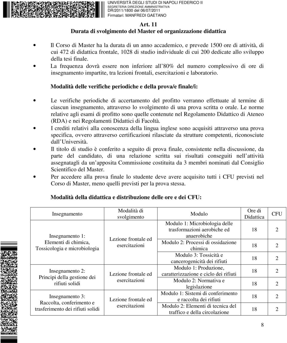 La frequenza dovrà essere non inferiore all 80% del numero complessivo di ore di insegnamento impartite, tra lezioni frontali, e laboratorio.