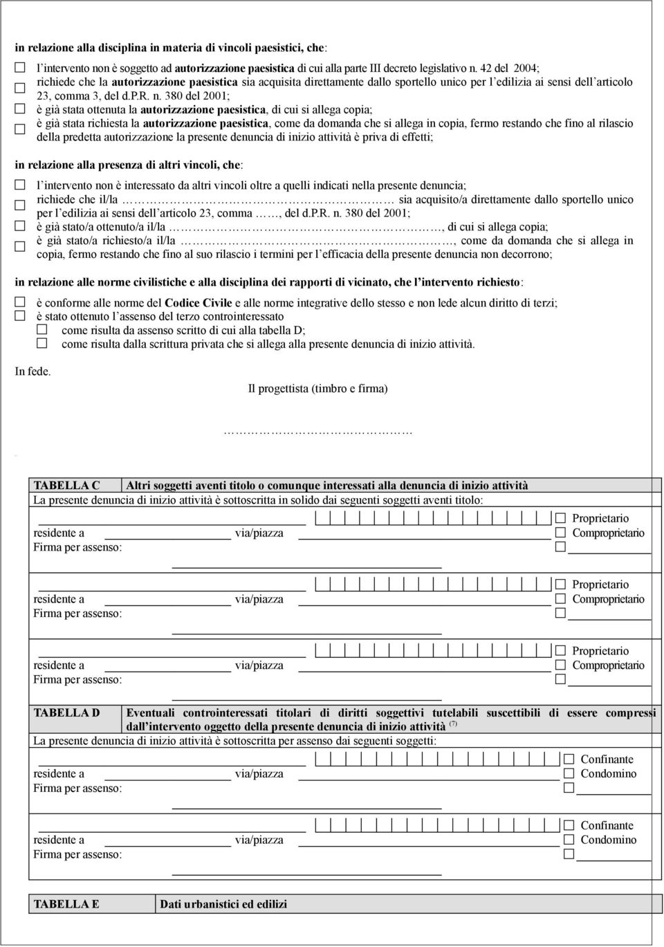 380 del 2001; è già stata ottenuta la autorizzazione paesistica, di cui si allega copia; è già stata richiesta la autorizzazione paesistica, come da domanda che si allega in copia, fermo restando che