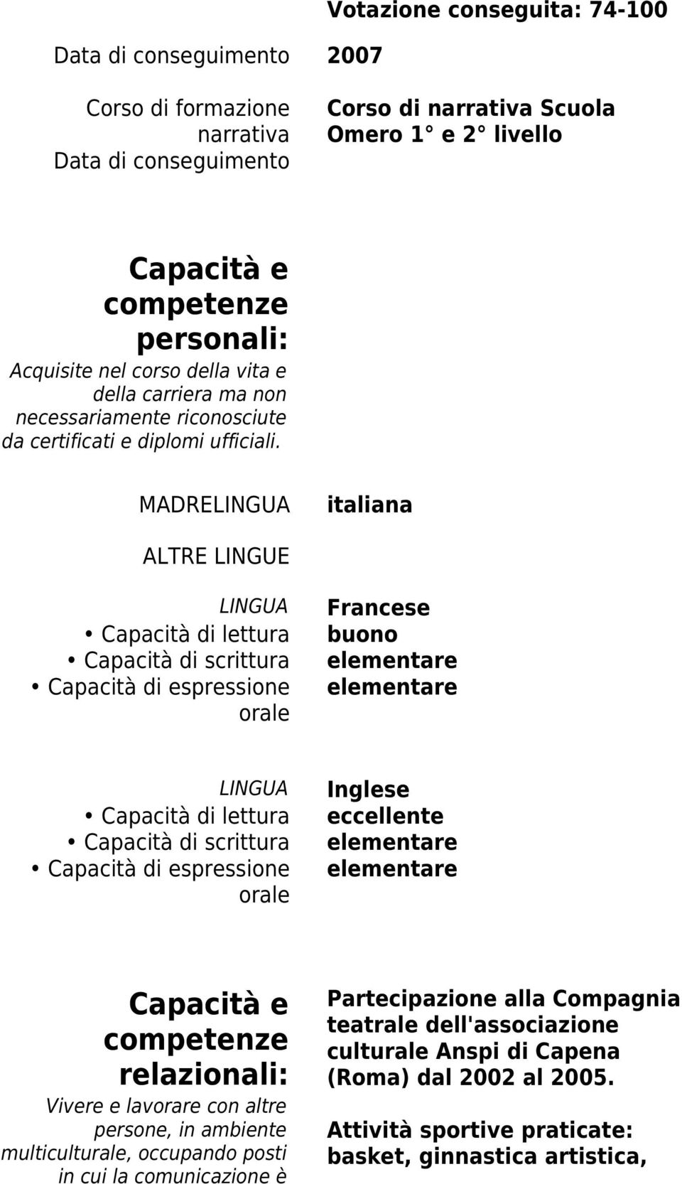 MADRELINGUA italiana ALTRE LINGUE LINGUA Capacità di lettura Capacità di scrittura Capacità di espressione orale Francese buono elementare elementare LINGUA Capacità di lettura Capacità di scrittura