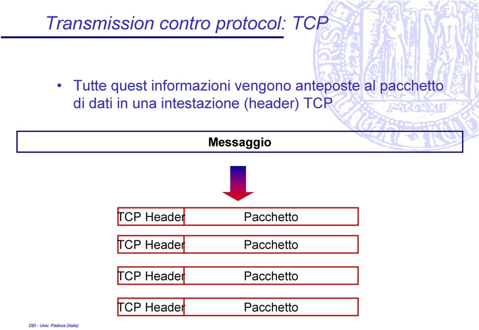una intestazione (header) TCP Messaggio TCP Header TCP