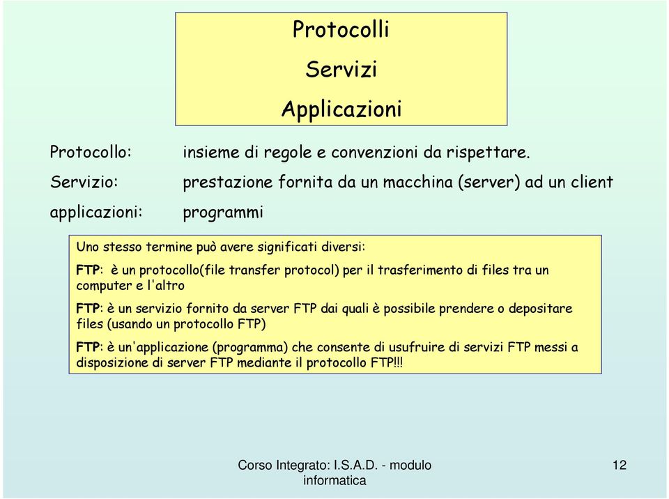 transfer protocol) per il trasferimento di files tra un computer e l'altro FTP: è un servizio fornito da server FTP dai quali è possibile prendere o