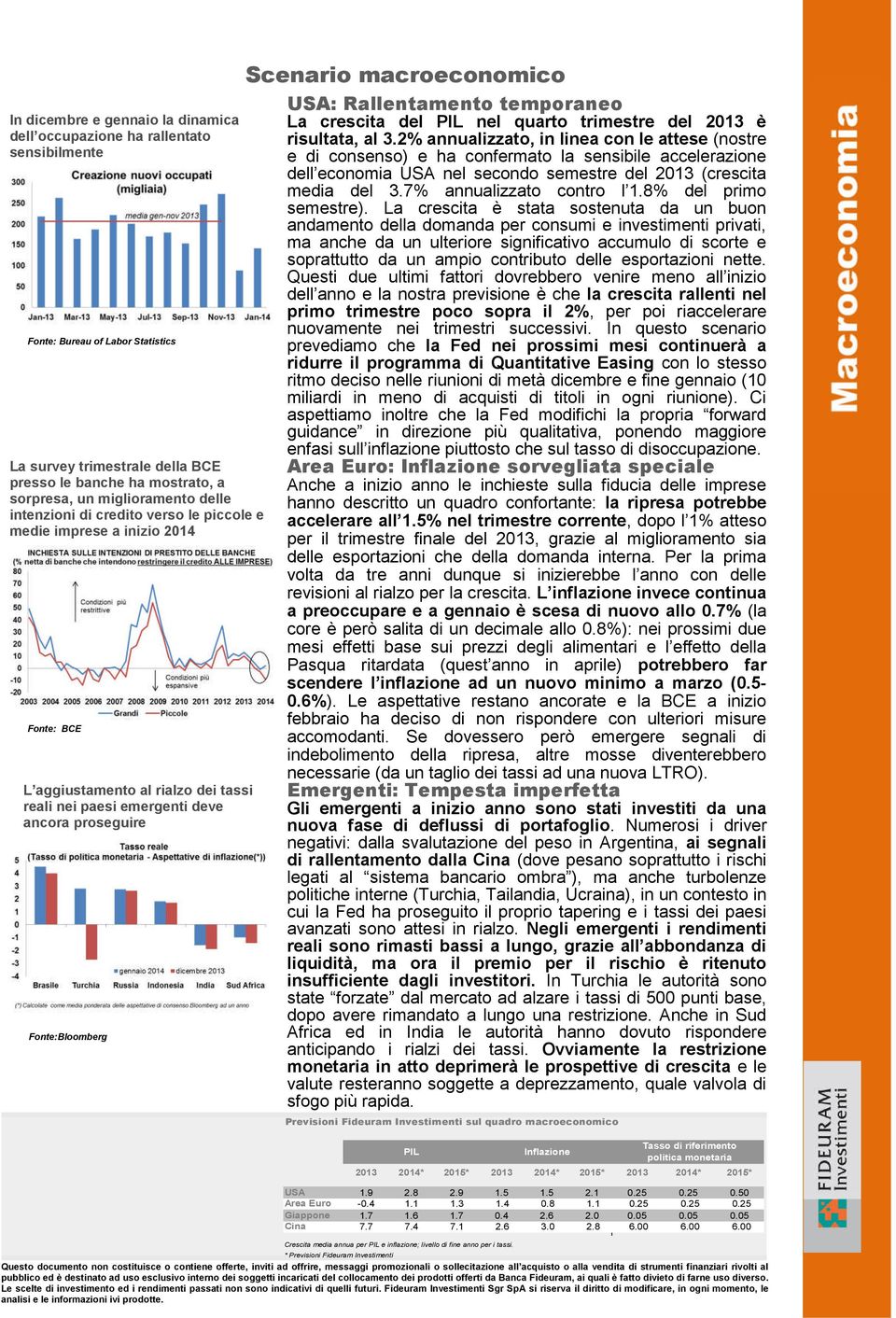 Fonte:Bloomberg Scenario macroeconomico USA: Rallentamento temporaneo La crescita del PIL nel quarto trimestre del 2013 è risultata, al 3.