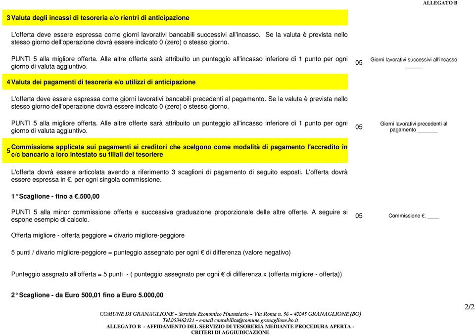 Alle altre offerte sarà attribuito un punteggio all'incasso inferiore di 1 punto per ogni giorno di valuta aggiuntivo.