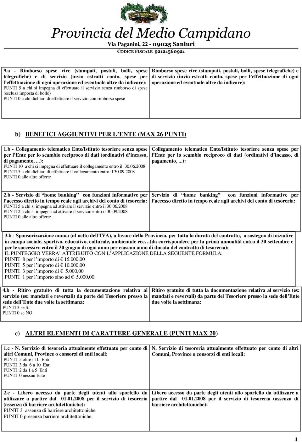 bolli, spese telegrafiche) e di servizio (invio estratti conto, spese per l effettuazione di ogni operazione ed eventuale altre da indicare): b) BENEFICI AGGIUNTIVI PER L ENTE (MAX 26 PUNTI) 1.