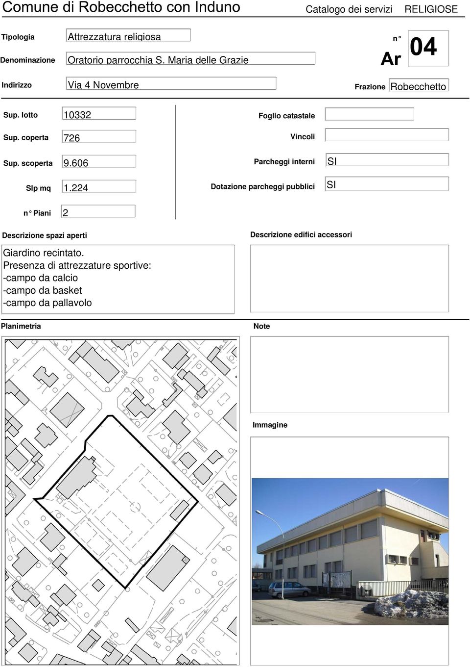 224 Dotazione parcheggi pubblici Piani 2 Descrizione spazi aperti Descrizione edifici