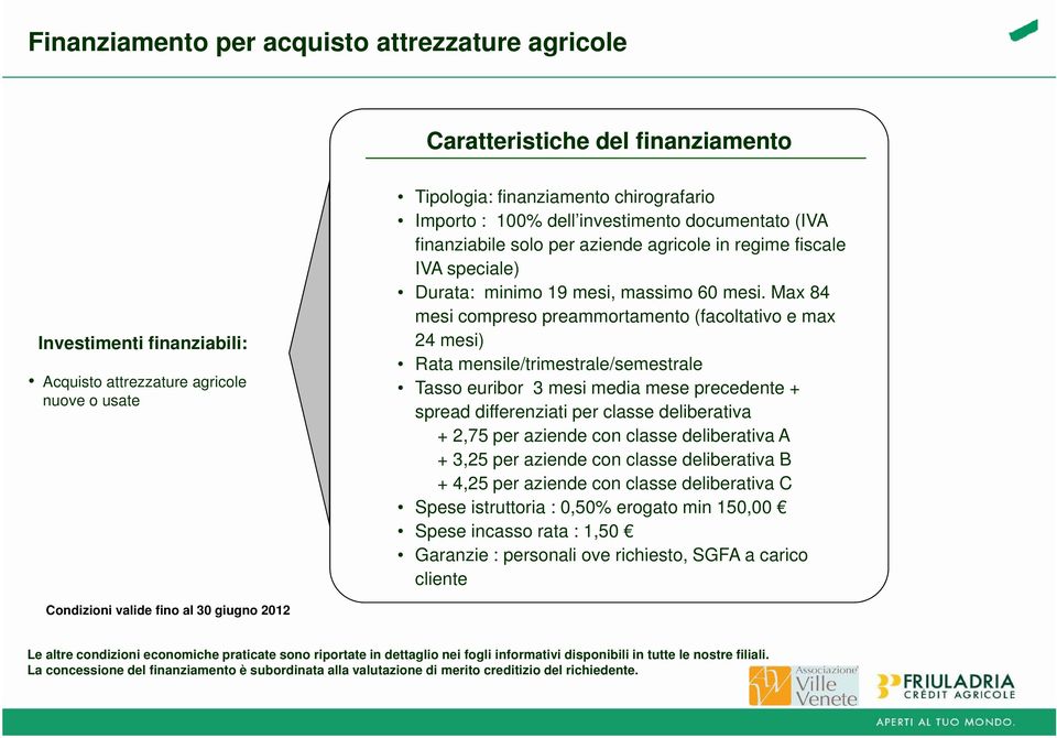 Max 84 mesi compreso preammortamento (facoltativo e max 24 mesi) Rata mensile/trimestrale/semestrale Tasso euribor 3 mesi media mese precedente + spread differenziati per classe deliberativa + 2,75