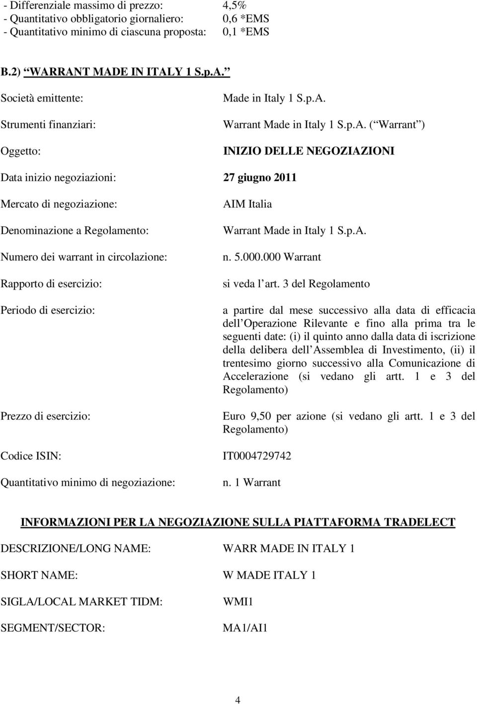 Denominazione a Regolamento: Numero dei warrant in circolazione: Rapporto di esercizio: Periodo di esercizio: Prezzo di esercizio: Codice ISIN: Quantitativo minimo di negoziazione: AIM Italia Warrant