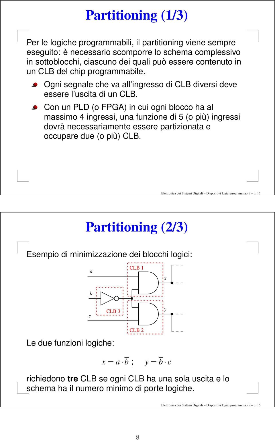 Con un PLD (o FPGA) in cui ogni blocco ha al massimo 4 ingressi, una funzione di 5 (o più) ingressi dovrà necessariamente essere partizionata e occupare due (o più) CLB.