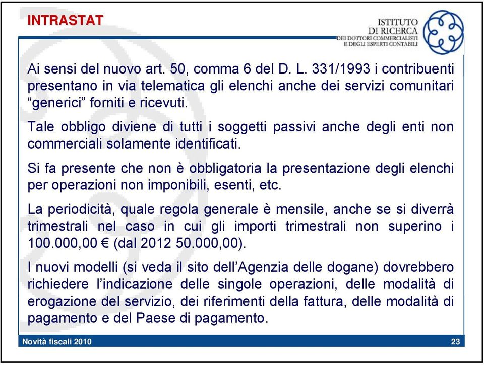 Si fa presente che non è obbligatoria la presentazione degli elenchi per operazioni non imponibili, esenti, etc.