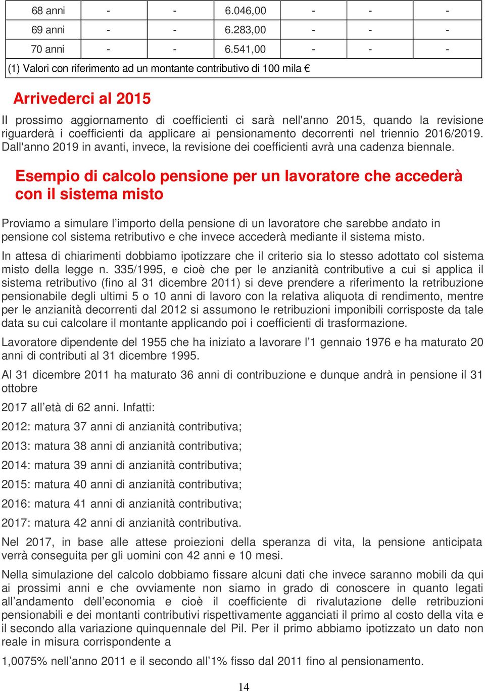 coefficienti da applicare ai pensionamento decorrenti nel triennio 2016/2019. Dall'anno 2019 in avanti, invece, la revisione dei coefficienti avrà una cadenza biennale.