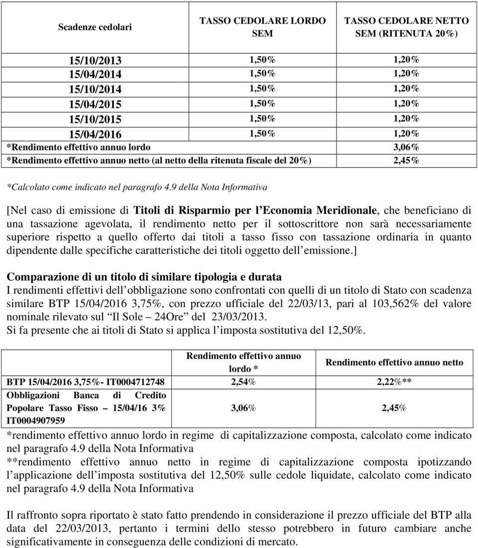 9 della Nota Informativa [Nel caso di emissione di Titoli di Risparmio per l Economia Meridionale, che beneficiano di una tassazione agevolata, il rendimento netto per il sottoscrittore non sarà