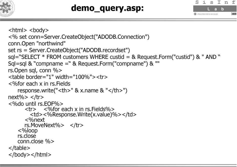 open sql, conn %> <table border="1" width="100%"><tr> <%for each x in rs.fields response.write("<th>" & x.