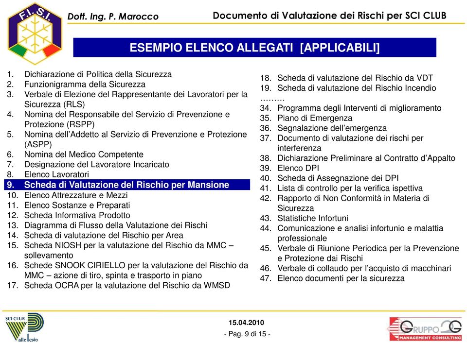 Designazione del Lavoratore Incaricato 8. Elenco Lavoratori 9. Scheda di Valutazione del Rischio per Mansione 10. Elenco Attrezzature e Mezzi 11. Elenco Sostanze e Preparati 12.