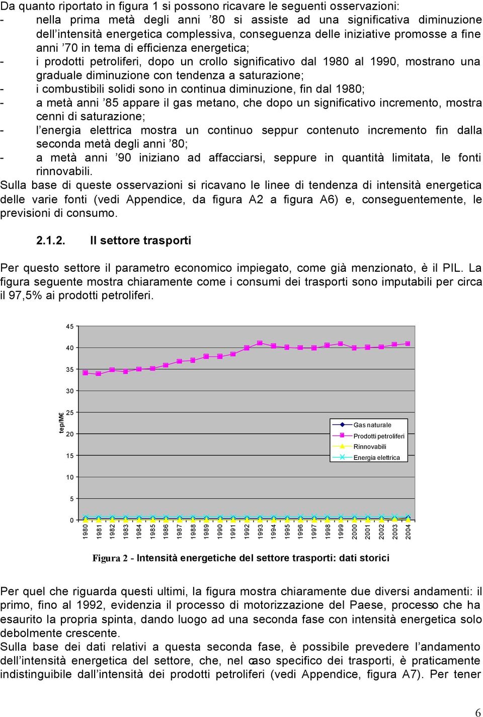 tendenza a saturazione; - i combustibili solidi sono in continua diminuzione, fin dal 198; - a metà anni 85 appare il gas metano, che dopo un significativo incremento, mostra cenni di saturazione; -