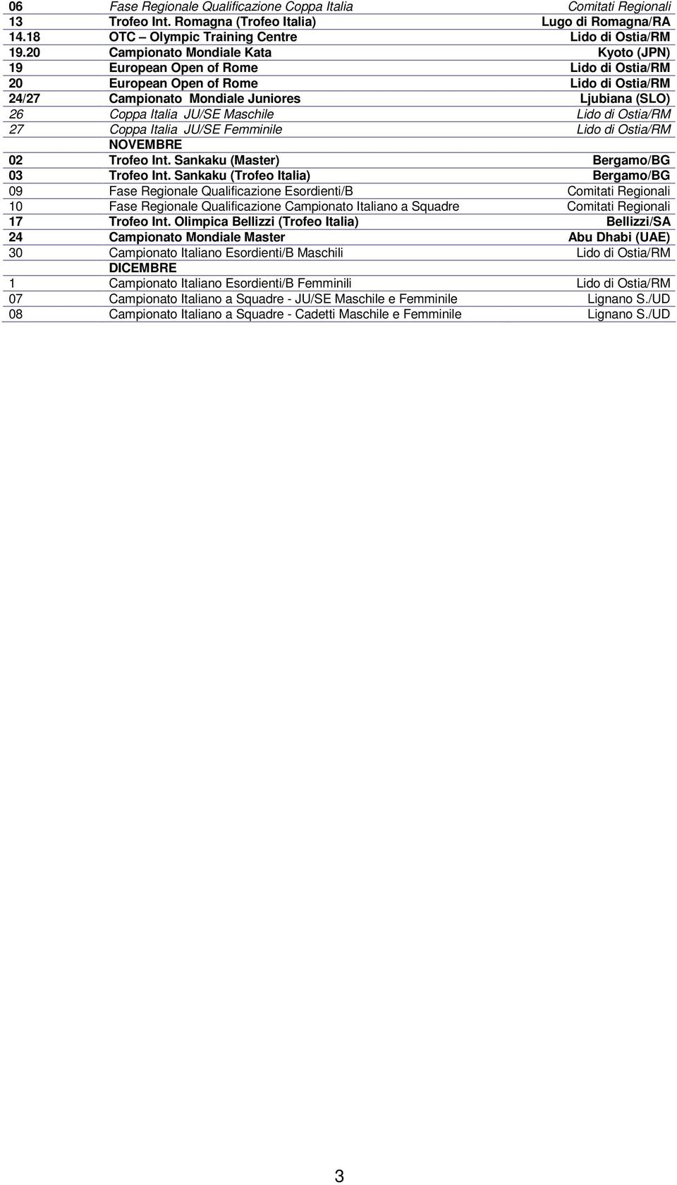 Maschile Lido di Ostia/RM 27 Coppa Italia JU/SE Femminile Lido di Ostia/RM NOVEMBRE 02 Trofeo Int. Sankaku (Master) Bergamo/BG 03 Trofeo Int.