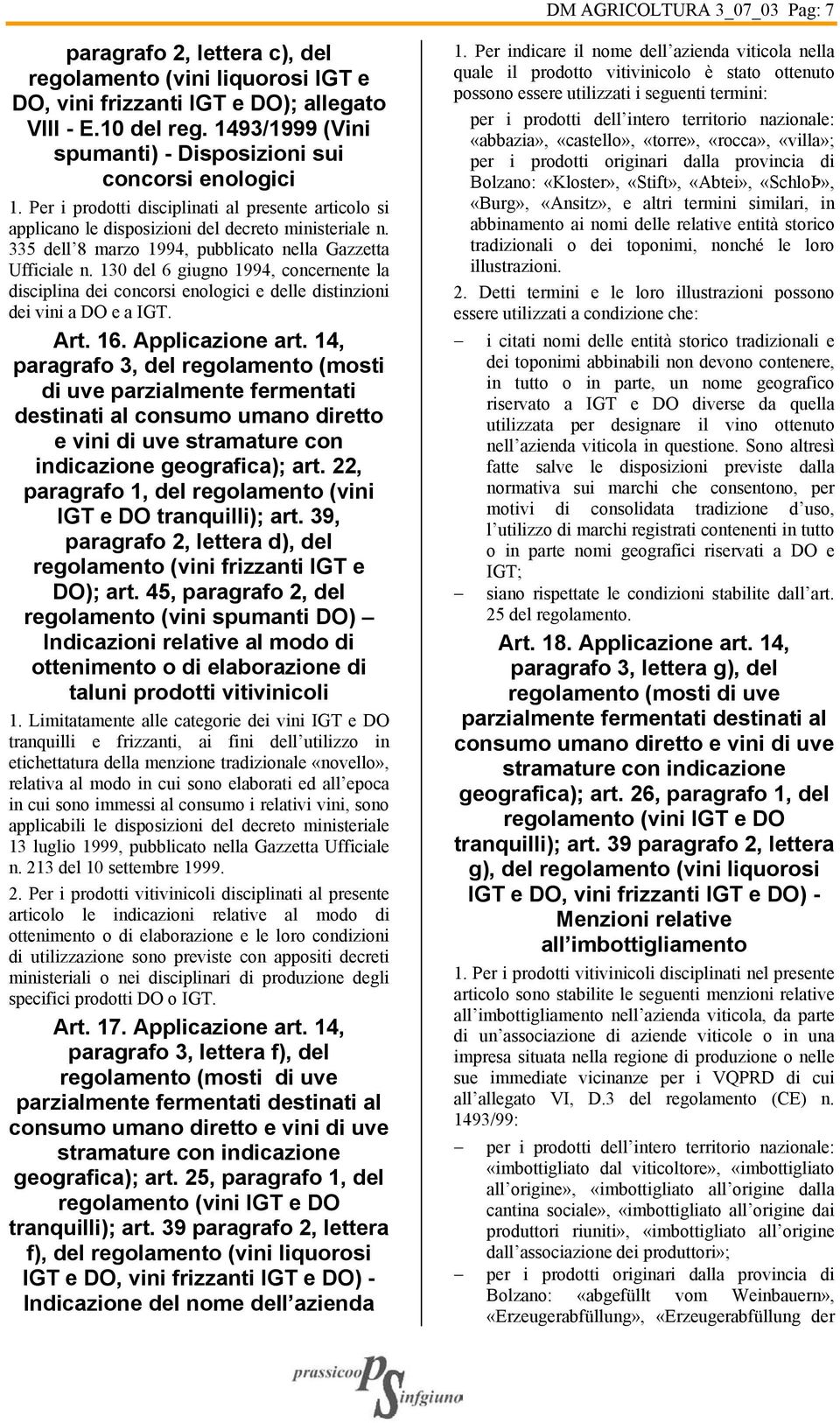 335 dell 8 marzo 1994, pubblicato nella Gazzetta Ufficiale n. 130 del 6 giugno 1994, concernente la disciplina dei concorsi enologici e delle distinzioni dei vini a DO e a IGT. Art. 16.