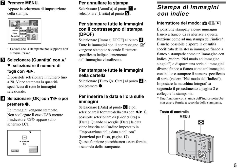 i Selezionare [OK] con V/B e poi Le immagini vengono stampate. Non scollegare il cavo USB mentre l indicatore appare sullo schermo LCD.