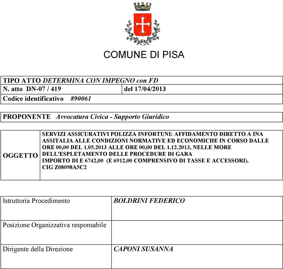 INFORTUNI: AFFIDAMENTO DIRETTO A INA ASSITALIA ALLE CONDIZIONI NORMATIVE ED ECONOMICHE IN CORSO DALLE ORE 00,00 DEL 1.05.2013 ALLE ORE 00,00 DEL 1.12.