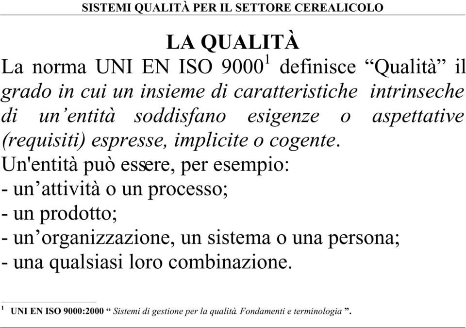 Un'entità può essere, per esempio: - un attività o un processo; - un prodotto; - un organizzazione, un sistema o