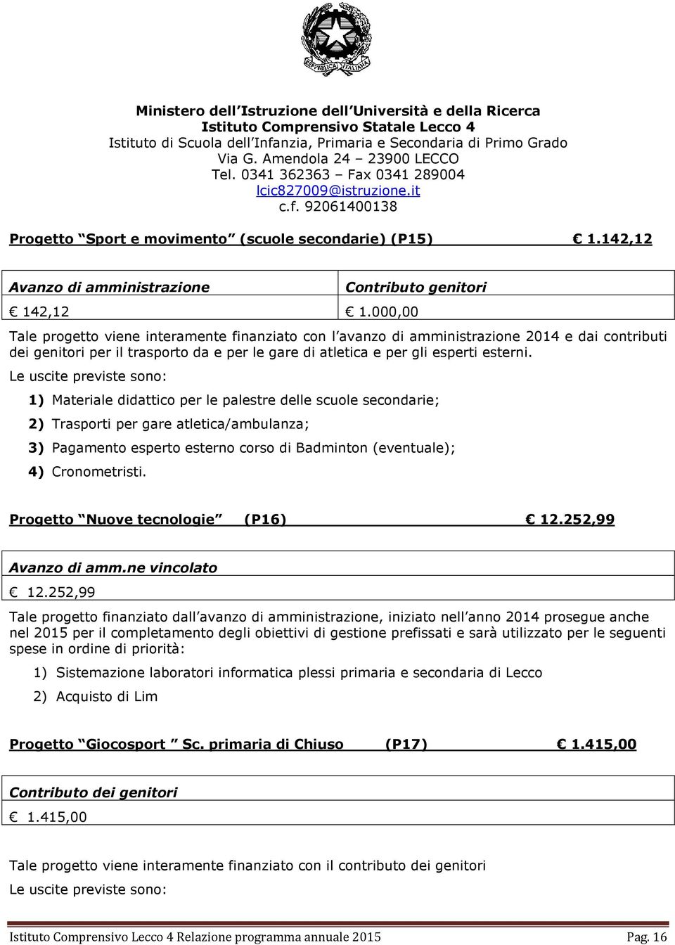 1) Materiale didattico per le palestre delle scuole secondarie; 2) Trasporti per gare atletica/ambulanza; 3) Pagamento esperto esterno corso di Badminton (eventuale); 4) Cronometristi.