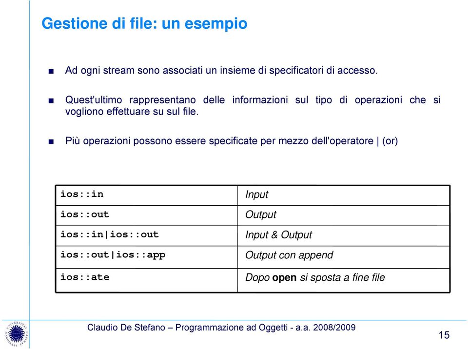 file. Più operazioni possono essere specificate per mezzo dell'operatore (or) ios::in ios::out ios::in