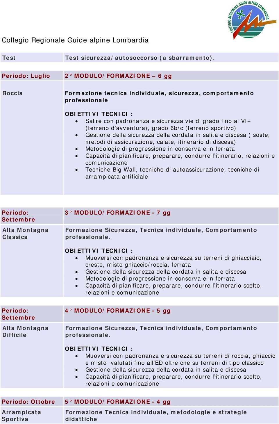 6b/c (terreno sportivo) Gestione della sicurezza della cordata in salita e discesa ( soste, metodi di assicurazione, calate, itinerario di discesa) Metodologie di progressione in conserva e in