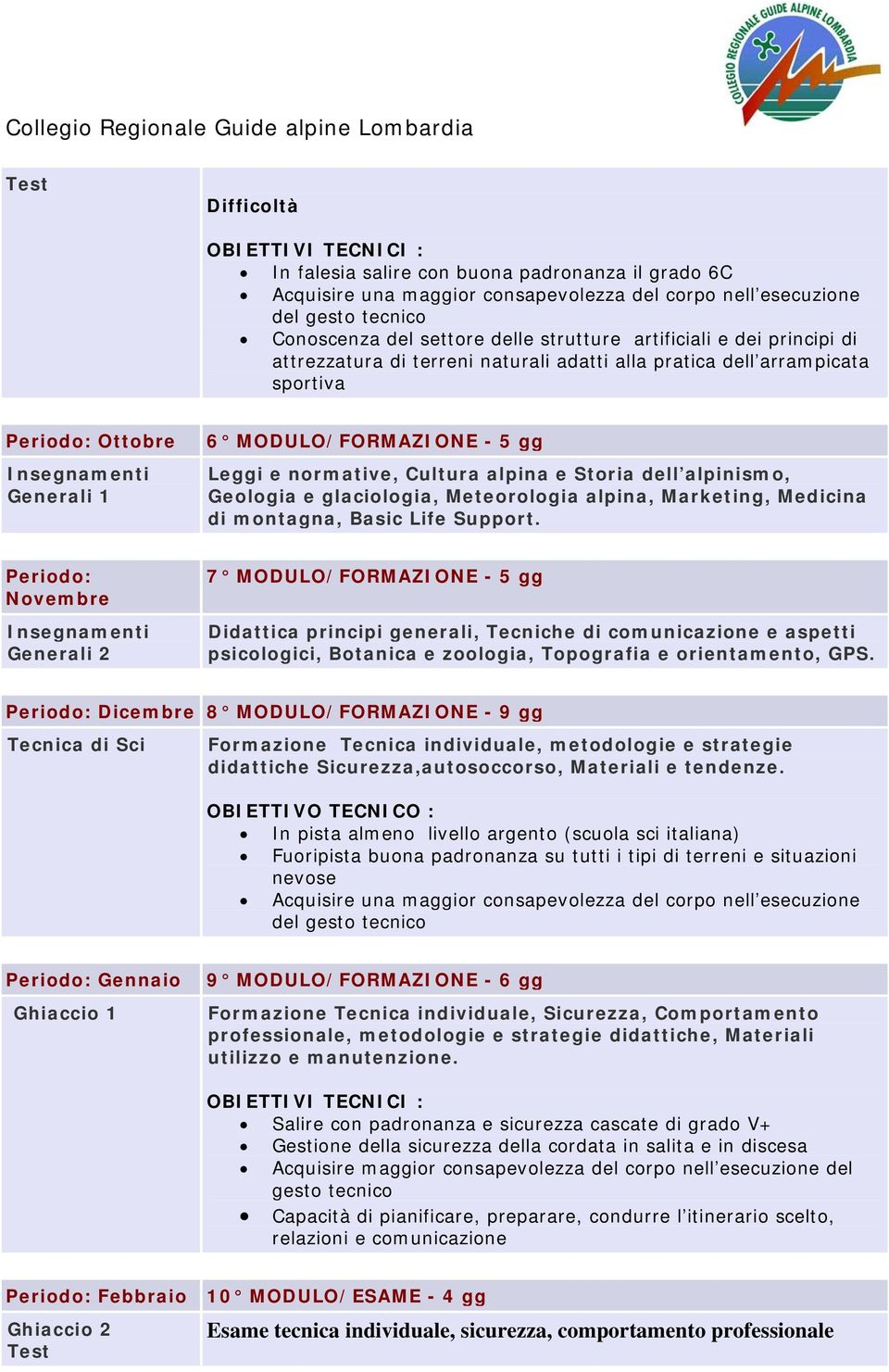 alpinismo, Geologia e glaciologia, Meteorologia alpina, Marketing, Medicina di montagna, Basic Life Support.