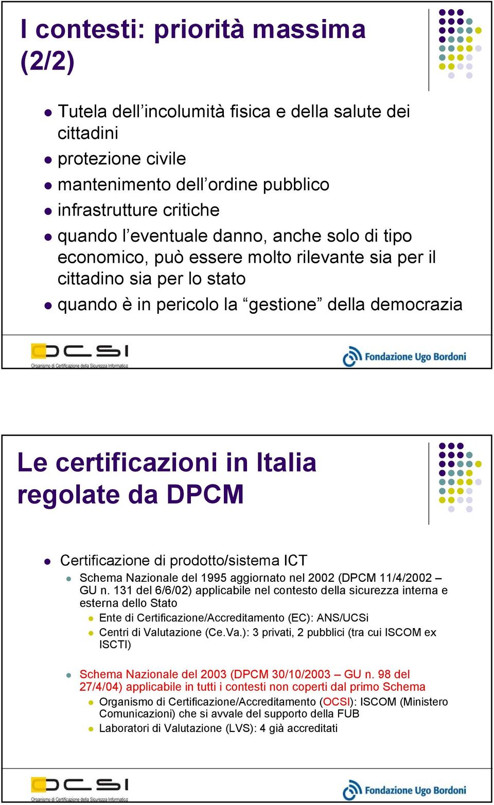 Certificazione di prodotto/sistema ICT Schema Nazionale del 1995 aggiornato nel 2002 (DPCM 11/4/2002 GU n.