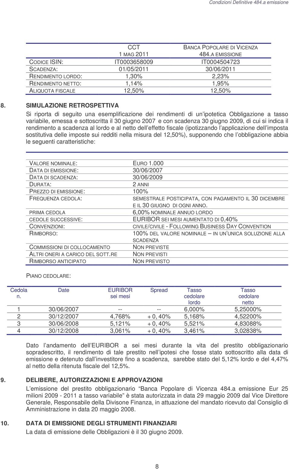 SIMULAZIONE RETROSPETTIVA Si riporta di seguito una esemplificazione dei rendimenti di un ipotetica Obbligazione a tasso variabile, emessa e sottoscritta il 30 giugno 2007 e con scadenza 30 giugno